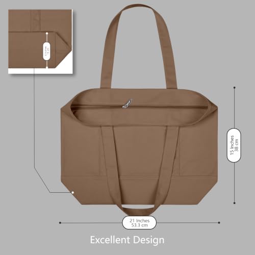 TOPDesign 1-Pack Canvas Tote Bag with an External Pocket, Reusable Grocery Shopping Bag, Top Zipper Closure, Daily Essentials (Brown) - color: Brown