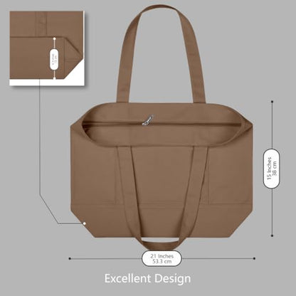 TOPDesign 1-Pack Canvas Tote Bag with an External Pocket, Reusable Grocery Shopping Bag, Top Zipper Closure, Daily Essentials (Brown) - color: Brown