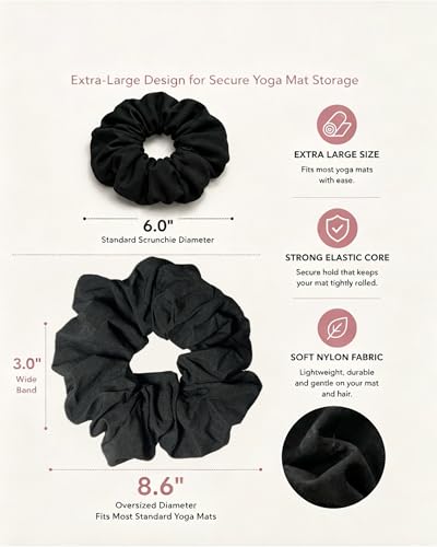 Yoga Mat Scrunchie - Elastic Mat Holder, Fits Standard Yoga Mats | Comes with matching Hair Band, stretchy reinforced stitching, compact for hot yoga, pilates & travel. Yoga mat not included. - color: BLACK