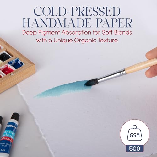 Wanderings Thick Handmade Watercolor Paper with Deckled Edge - 9" x 12" - 500GSM Premium White Cold-Pressed Textured Mixed Media Paper Made with Recycled Cotton - 15 Loose Leaf Sheets - color: White, size: 9x12 inches