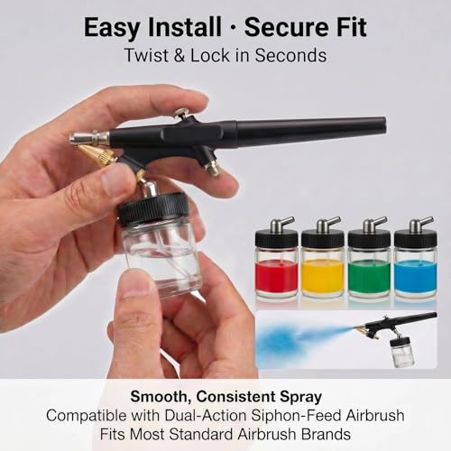 10pk 0.75oz Glass Airbrush Bottles,60°Siphon with Storage Lids & Cap | 60° siphon adapter fits Iwata/Master/Badger/Paasche. 10 glass jars + 5 sealing lids for storage + 10 silicone dust caps - size: G3PG