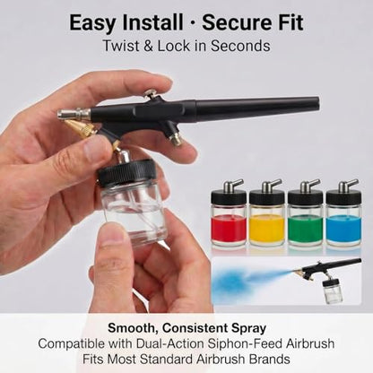10pk 0.75oz Glass Airbrush Bottles,60°Siphon with Storage Lids & Cap | 60° siphon adapter fits Iwata/Master/Badger/Paasche. 10 glass jars + 5 sealing lids for storage + 10 silicone dust caps - size: G3PG