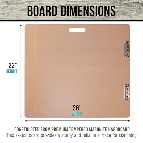 U.S. Art Supply 23" x 26" Artist Sketch Tote Board - Lightweight Hardboard | Drawing Board with Handle, Clip & Rubber Band for Art, Sketching, Travel, Studio - size: 23" x 26"