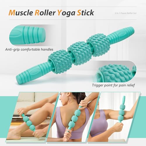 5 in1 Foam Roller Set High Density 15" Foam Roller for Muscle Recovery | Deep Tissue Muscle Massage Foam Roller for Exercise, Massage Roller, Massage Ball, Stretching Strap, for Whole Body Aqua - color: Pure Turquoise