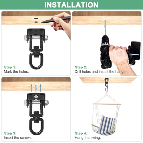 M METERXITY 360° Swivel Swing Hangers, 1200 LB Capacity Stainless Steel Hammock Hanging Kit Swing Hook for Ceiling/Chair/Yoga/Punching Bag/Gym/Playground, Ceiling Mount Swing Bracket [Black]
