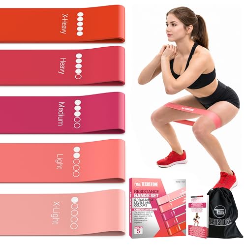 TechStone Resistance Bands Set – 5 Levels Loop Exercise Bands for Men & Women, Elastic Workout Bands for Home Gym, Training, Yoga & Fitness, Carry Bag Included - color: Pink