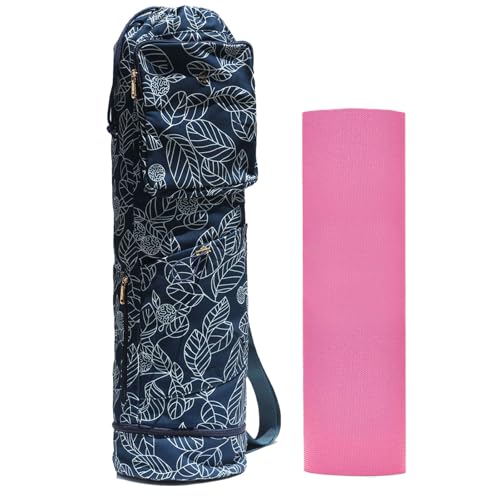 ESVAN Yoga Mat Bag with Multi Pockets Drawstring Yoga Mat Carrier Pilates Exercise Multi-Functional Storage Bag - color: Canvas Navy Leaf
