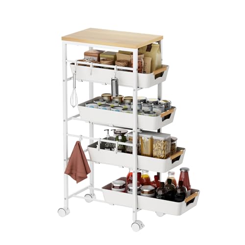 5-Tier Slim Storage Cart, Wooden Top Rolling Kitchen Cart with Pull-Out Baskets & Wheels, Narrow Space Utility Cart Slide Out Organizer for Kitchen, Bathroom, Laundry Room, White - color: White, size: 8.07" W × 14.37" D × 32.28" H