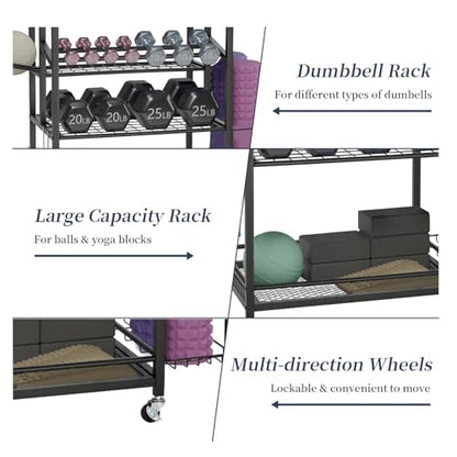 3-Tier Rolling Dumbbell Rack with Yoga Mat Basket & Hooks – Heavy Duty Steel Home Gym Storage Cart for Weights, Kettlebells, and Foam Rollers – 350Lbs Capacity Mobile Organizer with Lockable Wheels (Black)