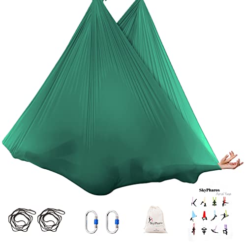 5.5 Yards Aerial Silks Yoga Swing Set - Aerial Yoga Hammock Kit Anti-Gravity Flying for Fitness, Low/Non Stretch Nylon Tricot Fabric Hardware Included for Dance - color: EMERALD GREEN