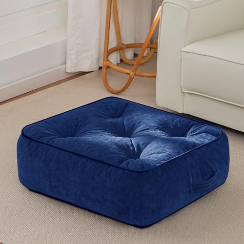 HIGOGOGO 8" Extra Thick Floor Pillow Cushion for Adults, Meditation Cushion Pillow with Handle, Lustrous Chenille Tufted, Square Floor Sitting for Tatami Living Room or Yoga, 22x22 Inch, Navy - color: Square Navy, size: 8" Thick(Pack of 1)