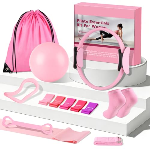 13/15Pcs Pilates Kit for Women, Pilates Equipment for Home Workouts with Magic Circle, Ball, Resistance Bands, Pilates Starter Set for Strength, Toning and Flexibility - color: Pink-13PCS