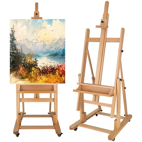 Falling in Art Extra Large H-Frame Studio Easel with Storage Tray (Natural) | Solid Beechwood Artist Easel , Adjustable Canvas Holder Stand with Rolling Wheels for Painting Adult - style: Studio Easel Natural