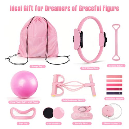15-in-1 Pilates Kit for Women - Home Pilates Workout Kit with Pilates Ring, Yoga Ball, Exercise Bands, Sliders, Socks & Bag - Pilates Essentials Kit for Home Workouts, Pilates Sets for Women