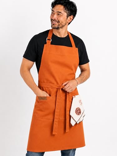100% Cotton Kitchen Apron with 2 Pockets – Adjustable Chef Apron for Cooking Baking BBQ – Unisex Apron - color: Ochre