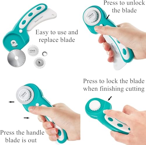 39 Pcs Rotary Cutter Set- Quilting Kit incl. 45mm Fabric Cutter with 5 Extra Blades, A4 Cutting Mat, 2 Craft Knife Set, Ideal for Crafting, Sewing, Patchworking Turquoise - color: Turquoise, size: A4 Rotary Cutter Set