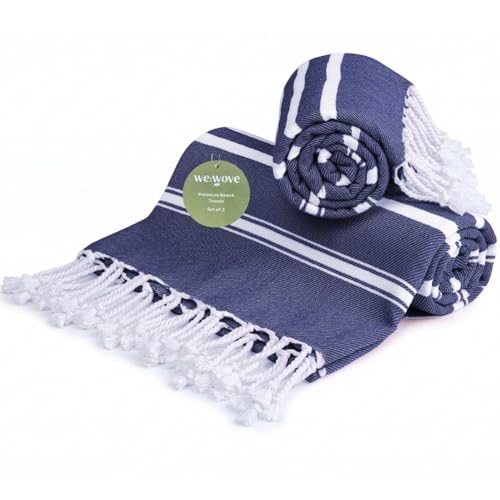 WeWove Turkish Peshtemal Beach Towels Large 39x70 Inch Set of 2-100% Cotton Soft Quick-Drying Absorbent Washable - Versatile for Beach Pool Spa Picnic Travel or Bath Use - Turkish Towels Blue - color: Blue