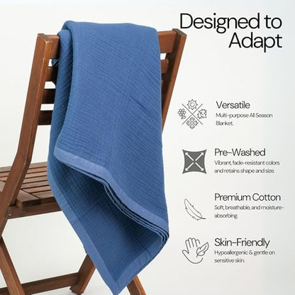 Salt Earth 100% Cotton Gauze 55"X75" Twin 4 Layered Blanket- Navy Blue | Premium Muslin Blanket for Couch,Bed,Living,Summer Lightweight, All Seasons Blankets & Throws, Boho,Travel & Skin Friendly - color: Navy Blue, size: 55"X75" Twin