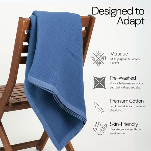 Salt Earth 100% Cotton Gauze 55"X75" Twin 4 Layered Blanket- Navy Blue | Premium Muslin Blanket for Couch,Bed,Living,Summer Lightweight, All Seasons Blankets & Throws, Boho,Travel & Skin Friendly - color: Navy Blue, size: 55"X75" Twin