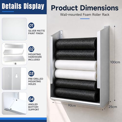 Zonon Wall Mounted Foam Roller Holder, Storage Rack Holds 4-6 Rollers Heavy Duty Meta Wall Organizer Home Gym, Gym, Workout Room