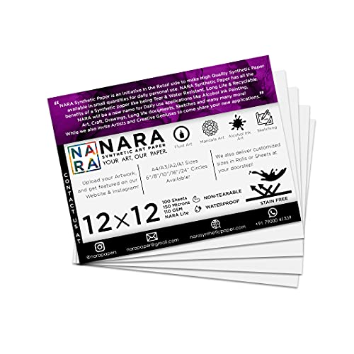NARA Alcohol Ink Paper | White | 12 inches x 12 inches (12”x12”) | 150 microns/110 GSM | Medium Paper | 100 Sheets | Paper for Alcohol Ink Art Painting | 100% Stain-Free - color: White_Square_Paper Sheets_02