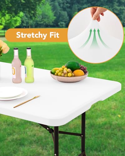 KeyWave Fitted Tablecloth Rectangle Table Cloths - 6 Pack 6 Foot Elastic Stretch Folding Table Top Cover Water-Resistant Reusable for Outdoor Picnic Camping Party Event, White, 72" L x 30" W - color: White, size: 6 ft - 6 Pack