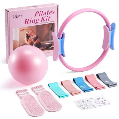 Home Pilates Essentials Kit for Women Pink Ring and Ball Pilates Set Equipment, Magic Circle with 5 Resistance Bands Premium Accessories Kits for Starter Toning Workouts at Home - color: Pink-Blue