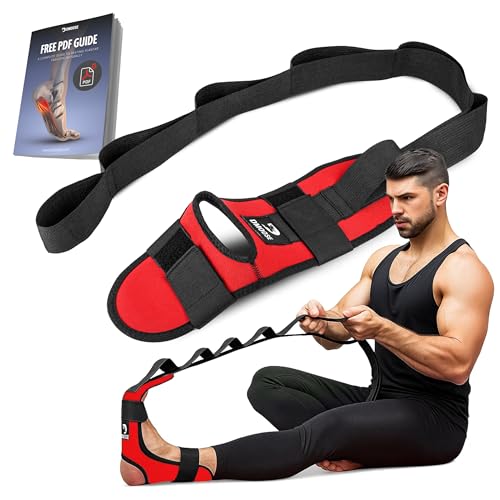 DMoose Fitness Foot & Calf Stretcher with Adjustable Padded Stretching Strap for Plantar Fasciitis, Hamstring, Heel Spurs and Achilles Tendonitis Relief - Yoga Leg Stretch Strap for Flexibility - color: Red