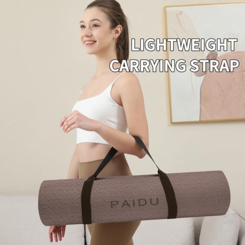 PAIDU POE Yoga Mat （10mm）Extra Thick Fitness Mat 72"x24" with Carry Strap | Non-slip, tear-resistant and suitable for all ages, perfect for yoga, Pilates, home gym and full-body workouts. - color: Dark Brown & Beige