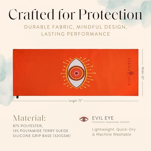 KARMA AND LUCK Guardian Energy Yoga Towel, Evil Eye Design for Protection & Focus, Non-Slip Terry Suede Hot Yoga Mat Towel with Silicone Grip, Ultra Absorbent, 26” x 72” - color: Guardian