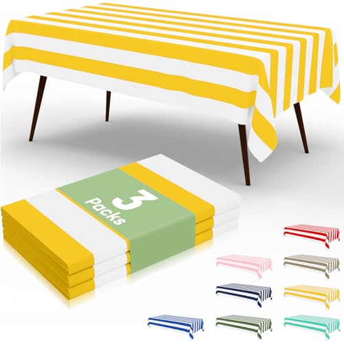 3 Packs Striped Disposable Table Cloth, 54 x 108 Inch Waterproof Rectangle Tablecloth, Leakproof & Sturdy Decorative Table Covers for Picnic, Party, Back to School and Outdoor, Yellow and White - color: Yellow and White, size: 54" X 108"