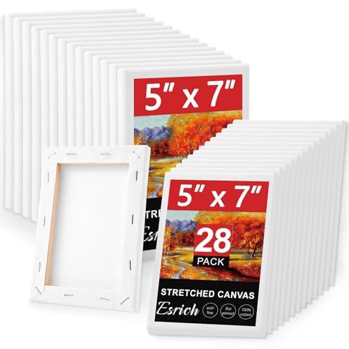 ESRICH Stretched Canvas for Painting 5x7, 28 Pack Small Canvases 5/8" Profile Primed Acid-Free Blank Canvas for Kids & Artists - size: 5x7in-28Pack
