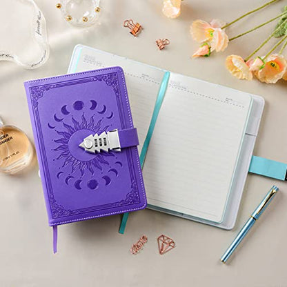 ZXHQ Journal with Lock for Girls Women,A5 224 Pages Lock Diary, Colorful Edge, Refillable, Leather Hardcover 8.5" × 5.9" - Purple - color: Purple