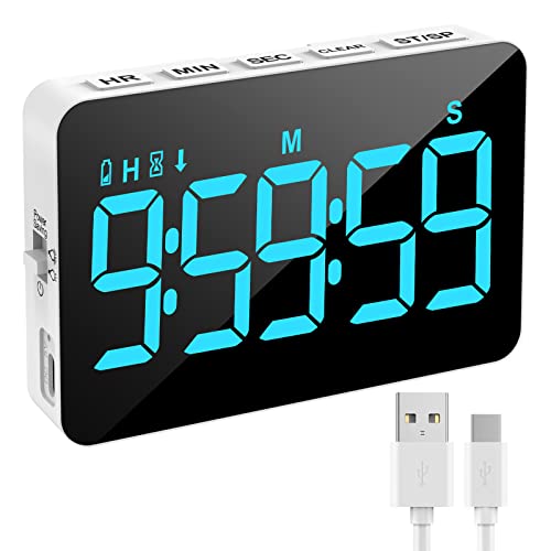 Samshow Rechargeable Digital Kitchen Timer, Ice Blue, 5 Inch | Countdown/Up, 3 Adjustable Brightness, 4 Adjustable Volume , 5" LED Display, Magnetic, For Classroom/Office/Home/Work/Game - color: Blue