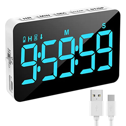 Samshow Rechargeable Digital Kitchen Timer, Ice Blue, 5 Inch | Countdown/Up, 3 Adjustable Brightness, 4 Adjustable Volume , 5" LED Display, Magnetic, For Classroom/Office/Home/Work/Game - color: Blue