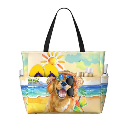 Large Beach Bag for Women Waterproof Foldable Travel Shoulder Tote Bag with Pocket for Weekender Pool Vacation - color: Dog Yellow