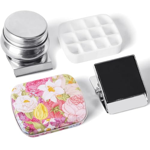 Portable Mini Tin Box 12-Well Empty Watercolor Palette Paint Mixing Tray is a Small Storage Travel Kit with Magnetic Clip and Oil Pot,Making it Perfect for Outdoor Sketching and DIY Painting.Flower - color: Palettes Sets-flower