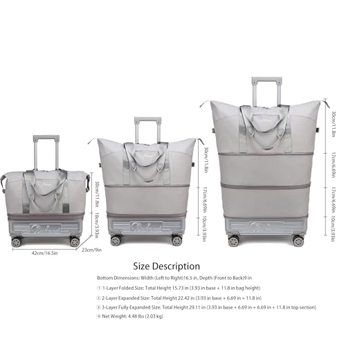 Expandable Rolling Travel Bag with Removable Wheels & Handle, Large Capacity Wheeled Duffle Tote, Foldable Carry On Luggage for Women, Lightweight Weekender Overnight Bag (Grey) - color: Grey