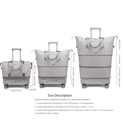 Expandable Rolling Travel Bag with Removable Wheels & Handle, Large Capacity Wheeled Duffle Tote, Foldable Carry On Luggage for Women, Lightweight Weekender Overnight Bag (Grey) - color: Grey