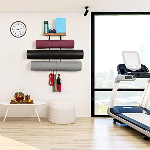 2 PACK Yoga Mat Holder Wall Mount Yoga Mat Storage Shelf Rack Home Gym Accessories with Wood Floating Shelves and 4 Hooks for Hanging Foam Roller and Resistance Bands Home Gym Carbonized Black - color: 2 Pack Carbonized Black