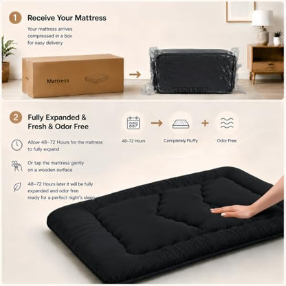 Japanese Floor Mattress,3.5" Thicken Futon Mattress Tatami Mat - color: Black, size: Twin (80”L × 39“W)