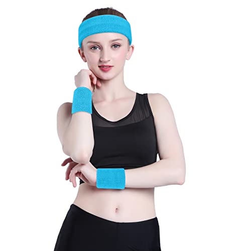 ONUPGO Sweatband Set Sports Headband Wristband Set Sweatbands Terry Cloth Wristband Wrist Sweatband Headbands Moisture Wicking Sweat Absorbing Head Band - color: Neon Blue