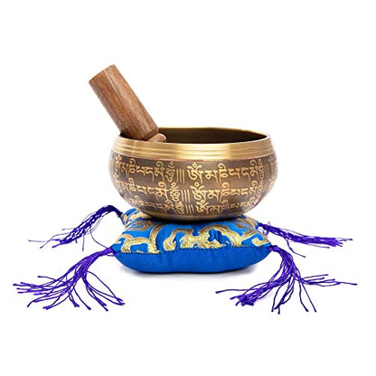 Tibetan Singing Bowl Set - Easy To Play Authentic Handcrafted For Meditation Sound Bowl Chakra Yoga Healing 4 Inches By Himalayan Bazaar (Brown & Blue) - color: Brown - Blue