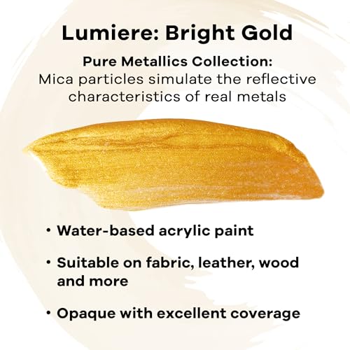 Jacquard Lumiere 2.25oz Fabric Paint Bright Gold - Metallic Paint for Fabric, Leather, Canvas, Paper and Wood - Light-bodied Metallic Acrylic Paint - Lightfast & Vibrant Metallic Acrylic Paints - color: Bright Gold, size: 2.25 Fl Oz (Pack of 1)