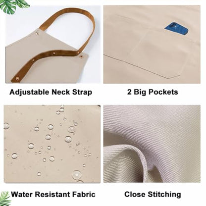 Kitchen Bib Apron with Pockets, Women Men Adjustable Neck Strap Water Resistant Apron for Chef Artist Waiter - color: Khaki