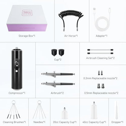 Airbrush Kit with Compressor, Airbrush for Nails | 2 Airbrushes, 6400mAh 50PSI High Pressure, 0.2/0.3/0.5mm Nozzle Sets, For Nails, Modeling, Cake Decorating, Pastry