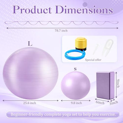 6-in-1 Yoga Balls and Yoga Block Set with Strap Foot Pump, Exercise Pregnancy Balls for Birthing, Pilates Kit Fitness Physical Therapy Home Gym Workout Equipment - color: Purple