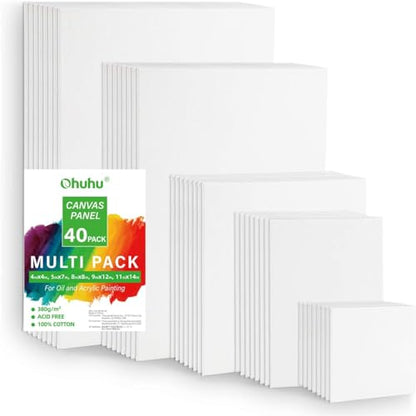 Ohuhu 40-Piece Multi Pack Canvas Panels, 4x4, 5x7, 8x8, 9x12, 11x14, Primed White Cotton Canvas for Acrylic, Oil, Gouache, Watercolor, Pastel, Tempera