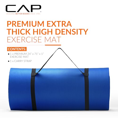 CAP Barbell 1-Inch High Density Exercise Yoga Mat with Strap | Multiple Colors - color: Blue