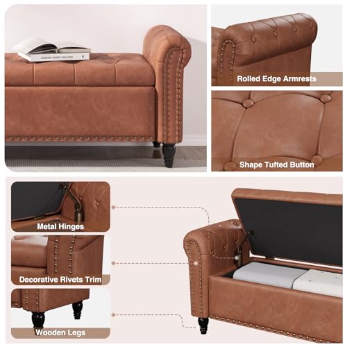 FiveWillowise 65" Bedroom Bench, End of Bed Bench with Storage, Brown - color: Brown, size: 65-inch